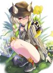  1girl animal_ears arknights bangs beanstalk_(arknights) blush braid ears_through_headwear green_hair hat highres hyena_ears hyena_girl infection_monitor_(arknights) long_hair long_sleeves metal_crab_(arknights) multicolored_hair one_eye_closed platinum_blonde_hair shirokuma1414 smile solo tail 