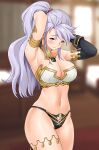  1girl absurdres alternate_costume armlet armpits arms_behind_back arms_up bikini black_bikini black_panties blush breasts cleavage commission commissioner_upload cosplay detached_sleeves earrings fate/grand_order fate_(series) fire_emblem fire_emblem:_genealogy_of_the_holy_war fire_emblem_heroes headpiece highres hoop_earrings igni_tion ishtar_(fate) ishtar_(fate)_(cosplay) ishtar_(fire_emblem) jewelry large_breasts long_hair looking_at_viewer md5_mismatch mismatched_bikini namesake navel neck_ring panties purple_eyes resolution_mismatch smile solo source_smaller swimsuit thighs underwear 