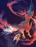  beak bird commentary_request fire fusenryo highres looking_at_viewer no_humans pokemon pokemon_(creature) solo talonflame talons white_eyes 