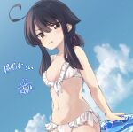  1girl bangs bare_arms bare_shoulders bikini black_hair blue_sky blush breasts brown_eyes cloud commentary_request day eyebrows_visible_through_hair frilled_bikini frills hair_between_eyes innertube long_hair low_ponytail natsuki_teru navel original outdoors parted_lips ponytail shikibe_ayaka sidelocks signature sky small_breasts solo swimsuit translation_request wavy_mouth wet 