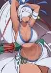  1girl armpits arms_up arrow_(projectile) bandage_over_one_eye bangs blue_eyes blue_gloves blue_hairband blunt_bangs bow_(weapon) breasts cleavage commentary_request dark-skinned_female dark_skin eyebrows_visible_through_hair gloves gradient gradient_background hairband highres holding holding_bow_(weapon) holding_weapon large_breasts long_hair looking_at_viewer majikina_mina nac000 navel open_mouth partially_fingerless_gloves ponytail samurai_spirits sarong single_glove solo stomach very_long_hair weapon white_hair yugake 