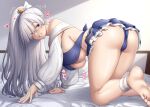 1girl all_fours anastasia_(fate) anastasia_(swimsuit_archer)_(fate) ao_banana ass bangs bare_shoulders bikini blue_bikini blue_eyes blue_skirt blush bow breasts cleavage fate/grand_order fate_(series) feet grin hair_bow hair_over_one_eye highres large_breasts long_hair long_sleeves looking_at_viewer looking_back miniskirt on_bed ponytail puffy_long_sleeves puffy_sleeves silver_hair skirt smile solo swimsuit thighs translated very_long_hair 