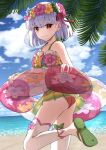  1girl bangs beach blue_sky blush braid cloud earrings eyebrows_behind_hair eyebrows_visible_through_hair fate/grand_order fate_(series) flower flower_earrings green_footwear hair_ribbon head_wreath holding holding_lifebuoy ichi_yoshida jewelry kama_(fate) kama_(swimsuit_avenger)_(fate) lifebuoy looking_at_viewer looking_to_the_side ocean pink_nails red_eyes ribbon shadow short_hair silver_hair skirt sky smile solo swimsuit white_legwear 