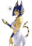  1girl :&lt; absurdres animal_crossing animal_ears ankha_(animal_crossing) ankha_zone bangs black_eyes blue_fur blue_hair blunt_bangs bob_cut breasts cat_ears cat_girl cat_tail cellphone commentary dress egyptian egyptian_clothes english_commentary eyebrows_visible_through_hair from_side furry furry_female hair_ornament harris_hero highres holding holding_phone large_breasts looking_at_viewer phone short_hair sideboob simple_background sleeveless sleeveless_dress snake_hair_ornament solo spoken_squiggle squiggle standing striped_tail sweat tail two-tone_fur upper_body white_background white_dress yellow_fur 