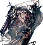  1girl bayonetta bayonetta_(series) bayonetta_3 black_hair braid clothing_cutout earrings glasses gloves gun highres jewelry lipstick long_hair looking_at_viewer makeup mole mole_under_mouth multicolored_hair red_hair ribbon simple_background smile solo streaked_hair twin_braids weapon wolfina 