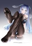  1girl absurdres animal_ears arm_strap artist_name ass azur_lane black_legwear black_leotard blue_eyes blue_hair bodystocking breasts fake_animal_ears feet fine_fabric_emphasis full_body highres kainines large_breasts leotard long_hair looking_at_viewer new_jersey_(azur_lane) new_jersey_(exhilarating_steps!)_(azur_lane) official_alternate_costume pantyhose playboy_bunny rabbit_ears see-through simple_background sitting soles solo strapless strapless_leotard very_long_hair 