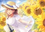  1girl :d bag blush bow braid breasts brown_eyes brown_hair brown_headwear collarbone commentary_request day dress dutch_angle field flower flower_field hat hat_bow highres horizon long_hair looking_at_viewer medium_breasts ocean open_mouth original outdoors petals pleated_dress shiro_kuma_shake short_sleeves smile solo summer sunflower twin_braids water white_bow white_dress yellow_flower 