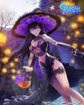  1girl artist_request bare_tree black_hair black_nails blurry blurry_background breasts candy candy_cane cleavage commentary copyright copyright_name dress fingernails fishnet_legwear fishnets food gundam gundam_breaker_mobile halloween halloween_bucket halloween_costume haro hat highres jack-o&#039;-lantern kuzunoha_rindou lace lace_trim large_breasts lollipop long_hair moon navel night night_sky official_art pumpkin purple_eyes sky solo sweets swirl_lollipop tree witch witch_hat 
