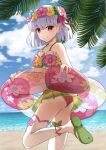  1girl absurdres bangs beach blue_sky blush braid cloud earrings eyebrows_behind_hair eyebrows_visible_through_hair fate/grand_order fate_(series) flower flower_earrings green_footwear hair_ribbon head_wreath highres holding holding_lifebuoy ichi_yoshida jewelry kama_(fate) kama_(swimsuit_avenger)_(fate) lifebuoy looking_at_viewer looking_to_the_side ocean pink_nails red_eyes ribbon shadow short_hair silver_hair skirt sky smile solo swimsuit white_legwear 