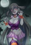  1girl bangs bat black_hair blue_skin blush breasts buttons chamame claw_pose cleavage colored_skin cowboy_shot eyebrows_visible_through_hair fangs fog frilled_skirt frills garter_straps graveyard hair_between_eyes halloween hands_up highres large_breasts long_hair looking_at_viewer midriff miniskirt moon nail_polish navel night outdoors purple_nails purple_shirt red_eyes scrunchie shiny shiny_skin shirt short_sleeves sidelocks skirt solo standing striped striped_legwear thighhighs thighs tombstone tongue tongue_out v-neck very_long_hair wrist_scrunchie yamada_tae zombie zombie_land_saga 