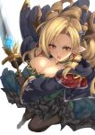  1girl bangs black_gloves black_legwear blonde_hair blue_robe breasts brown_eyes choker cleavage draph dress drill_hair earrings elbow_gloves gloves granblue_fantasy green_dress highres horns jewelry large_breasts long_dress long_hair long_sleeves looking_at_viewer maria_theresa_(granblue_fantasy) open_mouth pantyhose parted_bangs pointy_ears quad_drills robe solo sword weapon yude 