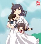  3girls :3 ahoge alternate_costume artist_logo black_hair black_serafuku blue_eyes blue_skirt brown_hair carrying child collarbone commentary_request dated detached_sleeves dress fubuki_(kancolle) highres kanon_(kurogane_knights) kantai_collection low_ponytail multiple_girls one-hour_drawing_challenge ookami_kodomo_no_ame_to_yuki parody pleated_skirt red_eyes school_uniform serafuku shigure_(kancolle) short_hair short_ponytail skirt standing white_dress yamashiro_(kancolle) younger 