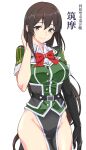  1girl adjusting_hair bangs bare_hips black_gloves black_hair brown_eyes chikuma_(kancolle) dress_shirt elbow_gloves gloves highres kantai_collection kukurus looking_at_viewer pelvic_curtain shirt simple_background single_elbow_glove smile solo thick_thighs thighs white_background 