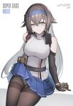  1girl absurdres ark_john_up arm_warmers bangs bare_shoulders breasts brown_hair clothes_lift commission girls&#039;_frontline gloves grey_eyes hair_flaps has_bad_revision has_downscaled_revision highres large_breasts long_hair md5_mismatch mod3_(girls&#039;_frontline) mole mole_under_eye pantyhose pixiv_request pleated_skirt resolution_mismatch skirt skirt_lift solo source_smaller super_sass_(girls&#039;_frontline) sweatdrop thighband_pantyhose very_long_hair 