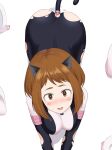  1girl all_fours anal anal_object_insertion anal_tail animal_ear_fluff animal_ears ass bangs blush blush_stickers bodysuit boku_no_hero_academia breasts brown_eyes brown_hair cat_ears commentary fake_tail from_above haeil2 highres looking_at_viewer looking_up medium_breasts object_insertion open_mouth revision shiny shiny_hair short_hair solo tail tongue torn_bodysuit torn_clothes uraraka_ochako white_background 