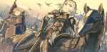  1girl 2boys 6+others armor army barding black_eyes blonde_hair breastplate bridle cavalry closed_mouth cloud commentary_request dated_commentary day dragon dutch_angle emblem faceless faceless_male fantasy faulds fire_emblem fire_emblem_fates flag flagpole from_below frown gauntlets gorget greaves hair_between_eyes hair_pulled_back hair_slicked_back half-closed_eyes harusame_(rueken) helmet holding holding_flag holding_polearm holding_shield holding_weapon horse horseback_riding ignatius_(fire_emblem) jitome knight lance light_brown_hair long_sleeves looking_afar medium_hair multiple_boys multiple_others orange_sky outdoors pauldrons plate_armor polearm reins riding saddle shield shiny shiny_hair short_hair shoulder_armor sidelocks sky sophie_(fire_emblem) spear standard_bearer standing sunrise thighhighs tsurime weapon wyvern 