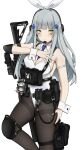  1girl absurdres alternate_costume animal_ears assault_rifle bangs belt between_breasts black_legwear blue_necktie blunt_bangs breasts character_doll cleavage collarbone detached_collar fake_animal_ears g11_(girls&#039;_frontline) girls&#039;_frontline green_eyes gun h&amp;k_hk416 hair_ornament headset highres hk416_(girls&#039;_frontline) knee_pads large_breasts leotard long_hair necktie necktie_between_breasts pantyhose playboy_bunny pz-15 rabbit_ears rifle silver_hair simple_background solo strapless strapless_leotard thigh_pouch thighband_pantyhose utility_belt weapon white_background white_leotard wrist_cuffs x_hair_ornament 