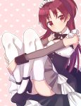  1girl alternate_costume apron black_bow black_footwear black_neckwear bow buttons detached_sleeves dot_mouth enmaided frilled_apron frills hands_on_own_leg heart high_heels highres hugging_own_legs long_hair looking_at_viewer mahou_shoujo_madoka_magica maid maid_apron maid_headdress orange_eyes patterned_background pink_background ponytail red_hair ruru_(rurumagi) sakura_kyouko simple_background sitting solo thighhighs white_legwear 