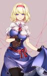  1girl absurdres alice_margatroid ascot blonde_hair blue_dress blue_eyes capelet dress frilled_ascot frills hairband highres lolita_hairband puffy_short_sleeves puffy_sleeves raptor7 red_ascot red_hairband short_hair short_sleeves solo touhou 