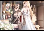  2girls absurdres bare_shoulders black_choker blonde_hair blush breasts brown_dress brown_gloves candle character_request choker cleavage closed_mouth collarbone door dress earrings elbow_gloves english_flag eyebrows_visible_through_hair feet_out_of_frame flower gloves hair_ribbon hairband highres holding holding_hair iowa_(warship_girls_r) jewelry large_breasts lexington_(warship_girls_r) light_brown_hair long_hair looking_at_another lubikaya medium_breasts mole mole_under_eye multiple_girls open_mouth partially_fingerless_gloves photo_(object) purple_eyes red_eyes red_ribbon ribbon sitting smile standing warship_girls_r wedding_dress white_dress white_gloves 