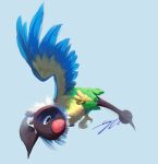  absurdres beak bird chatot closed_mouth commentary grey_background highres likey no_humans pokemon pokemon_(creature) purple_eyes signature solo talons 
