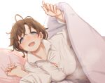  1girl :d aya_shachou aya_shachou-chan blue_eyes blush breasts brown_hair bursting_breasts cleavage hands_up large_breasts long_sleeves looking_at_viewer lying on_side open_mouth original shirt simple_background smile solo under_covers white_background white_shirt 