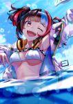  1girl arm_up armpits badge bikini buckle eyebrows_visible_through_hair fangs fate/grand_order fate_(series) happy headphones headphones_around_neck headwear_removed highres jacket lens_flare multicolored_hair navel one_eye_closed open_mouth partially_submerged sanami_(sanami_t_38) sei_shounagon_(fate) sei_shounagon_(swimsuit_berserker)_(fate) smile swimsuit tongue water white_bikini yellow_eyes 