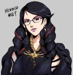  1girl bayonetta bayonetta_(series) bayonetta_3 black_hair braid clothing_cutout earrings francisco_mon glasses gloves highres jewelry lipstick long_hair looking_at_viewer makeup mole mole_under_mouth simple_background solo weapon 