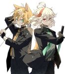  2boys absurdres alternate_costume alternate_hairstyle animal_ears antenna_hair aqua_eyes arrow_(projectile) bandaged_hand bandages bangs black_jacket black_pants bow_(weapon) brown_hair closed_mouth fox_boy fox_ears fox_tail genshin_impact gorou_(genshin_impact) green_neckwear grey_shirt hair_between_eyes hair_down highres holding holding_bow_(weapon) holding_sword holding_weapon jacket kaedehara_kazuha long_sleeves looking_at_viewer male_focus multicolored_hair multiple_boys necktie pants quiver red_eyes red_hair ryu_genshin77 shirt simple_background streaked_hair sword tail weapon white_background white_hair yellow_necktie 