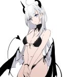  1girl :3 absurdres ahoge bare_arms bare_shoulders bikini black_bikini blue_eyes breasts cowboy_shot cross demon_girl demon_horns demon_tail demon_wings detached_collar ear_piercing front-tie_bikini front-tie_top halterneck highres horns lace_trim long_hair looking_at_viewer low_wings medium_breasts navel nekojira original piercing pointy_ears side-tie_bikini simple_background smile solo stomach string_bikini swimsuit tail thea_(nekojira) unfinished v_arms white_background white_hair wings 