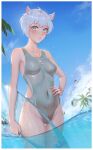  1girl :o absurdres animal_ears artist_name blush breasts cloud covered_navel cowboy_shot day eyebrows_visible_through_hair groin hand_on_hip highres looking_at_viewer one-piece_swimsuit original outdoors palm_tree parted_lips partially_underwater_shot qizhu short_hair silver_hair sky solo standing sun surfboard swimsuit thigh_gap tree wading water water_drop 