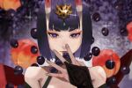  1girl bare_shoulders bob_cut bridal_gauntlets closed_mouth commentary eyeshadow fang fang_out fate/grand_order fate_(series) fingernails hand_up headpiece horns kdm_(ke_dama) looking_at_viewer makeup medium_hair nail_polish oni_horns portrait purple_eyes purple_hair shuten_douji_(fate) skin-covered_horns solo upper_body 