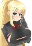  1girl :o absurdres blonde_hair blue_eyes bodysuit breast_hold breasts darkness_(konosuba) eyebrows_visible_through_hair hair_between_eyes highres kono_subarashii_sekai_ni_shukufuku_wo! large_breasts looking_at_viewer no_bra open_mouth ponytail shiny shiny_hair sidelocks simple_background taut_clothes torn_clothes toukaaa upper_body white_background 