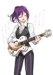  1girl :d aya_shachou bang_dream! black_vest closed_eyes collared_shirt electric_guitar facing_viewer formal guitar highres holding holding_instrument holding_plectrum instrument long_sleeves medium_hair music open_mouth pant_suit playing_instrument plectrum ponytail seta_kaoru shirt smile solo suit translation_request vest white_shirt wing_collar 