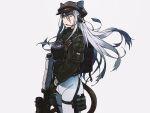  1girl animal_ears arknights arrow_(projectile) backpack bag black_bag black_gloves black_headwear black_jacket closed_mouth crossbow flashbang gloves grey_gloves grey_hair hair_between_eyes hat highres holding holding_crossbow holding_weapon hood hood_down hooded_jacket jacket long_hair microphone multicolored_clothes multicolored_gloves pouch schwarz_(arknights) solo tail thigh_strap two-tone_gloves uki_atsuya weapon yellow_eyes 