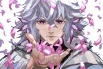  1boy commentary fate/grand_order fate_(series) fingernails grey_hair hair_between_eyes kdm_(ke_dama) long_hair looking_at_viewer male_focus merlin_(fate) parted_lips petals portrait purple_eyes reaching_out smile solo 