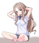  1girl adjusting_hair aki_inu alternate_costume alternate_hairstyle asakaze_(kancolle) bangs barefoot black_shorts blue_eyes eyebrows_visible_through_hair hair_tie hair_tie_in_mouth kantai_collection light_brown_hair long_hair looking_at_viewer mouth_hold ponytail shirt short_sleeves shorts sidelocks simple_background sitting solo white_shirt 