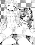  2girls animal_ears blush breasts censored elf forehead_jewel fur-trimmed_gloves fur_trim gloves greyscale heart heart_censor long_hair looking_at_viewer monochrome multiple_girls navel original parted_lips pointy_ears reclining satetsu sitting small_breasts smile thighhighs 