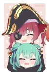  2girls =_= artist_name black_coat black_eyepatch closed_eyes coat commentary double_bun eyebrows eyebrows_visible_through_hair eyepatch green_hair hair_ornament hair_ribbon hat highres hololive houshou_marine hug hug_from_behind kukie-nyan multiple_girls open_mouth pirate pirate_hat red_hair ribbon skull_hair_ornament symbol-only_commentary twintails twitter_username uruha_rushia virtual_youtuber 