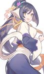  1girl animal_ears black_hair breasts commentary_request hair_ornament kanyoko_(yuzukano_17) kuon_(utawarerumono) long_hair looking_at_viewer low-tied_long_hair open_mouth ponytail simple_background smile solo tail utawarerumono utawarerumono:_itsuwari_no_kamen very_long_hair white_background yellow_eyes 