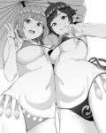  2girls :d ahoge bikini breasts condom condom_belt from_below greyscale grin highres holding holding_condom houjuu_nue large_breasts looking_at_viewer medium_breasts micro_bikini monochrome multiple_girls navel open_mouth parasol pointy_ears satetsu simple_background smile sweat swimsuit tatara_kogasa touhou umbrella underboob used_condom v white_background wings 