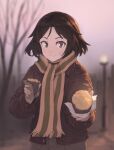  1girl bandage_on_face bandages bare_tree black_eyes black_hair blurry brave_witches commentary_request dark depth_of_field dusk food highres jacket kanno_naoe lamppost leather leather_jacket looking_at_viewer outdoors pov reaching_out scarf shiratama_(hockey) short_hair sky smile solo sweet_potato texture tree upper_body world_witches_series yakiimo 