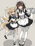  2girls :d absurdres alternate_costume animal_ears apron arknights black_dress black_footwear blonde_hair blue_ribbon blush braid breasts brown_hair cake cake_slice chinese_commentary collared_dress commentary_request dress earrings enmaided eyebrows_visible_through_hair food fox_ears fox_girl fox_tail full_body green_eyes grey_background hair_between_eyes hands_up heart height_difference highres holding holding_hands holding_plate interlocked_fingers jewelry kitsune kyuubi looking_at_viewer magallan_(arknights) maid maid_headdress medium_breasts multicolored_hair multiple_girls multiple_tails neck_ribbon open_mouth pantyhose plate ribbon shoes short_hair sigm@ simple_background sketch small_breasts smile standing standing_on_one_leg streaked_hair suzuran_(arknights) tail tray white_apron white_hair white_headdress white_legwear yellow_eyes yellow_ribbon 