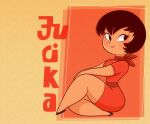  1girl black_footwear black_hair blush bob_cut dress jucika jucika_(comic) knee_up razska red_dress shoes short_hair short_sleeves sitting smile solo thick_thighs thighs 