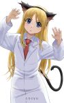  1girl :&lt; absurdres animal_ears black_hairband blonde_hair blue_eyes cat_ears character_name claw_pose closed_mouth commentary cozyu english_commentary fake_animal_ears hairband hands_up highres labcoat long_hair looking_at_viewer necktie nichijou professor_shinonome red_necktie simple_background solo very_long_hair white_background 