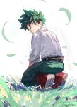  1boy bangs belt black_pants boku_no_hero_academia brown_belt closed_mouth commentary_request freckles from_behind grass green_eyes green_hair grey_shirt kneeling long_sleeves looking_at_viewer looking_back male_focus matsuya_(pile) midoriya_izuku pants red_footwear shirt shoes smile solo twitter_username white_background 