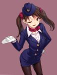  1girl aya_shachou black_legwear brown_eyes brown_hair gloves hand_on_hip hat highres kantai_collection looking_at_viewer one_eye_closed open_mouth pantyhose pencil_skirt ryuujou_(kancolle) skirt smile solo travel_attendant twintails uniform white_gloves 