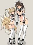  2girls :o absurdres animal_ears ankle_cuffs arknights black_bra black_collar black_footwear black_legwear black_neckwear black_panties blonde_hair blush bra braid breasts brown_hair chinese_commentary collar commentary_request detached_sleeves earrings embarrassed fox_ears fox_girl fox_tail full_body green_eyes grey_background hand_up height_difference highres holding_hands jewelry kitsune kyuubi looking_at_viewer magallan_(arknights) maid_headdress medium_breasts multicolored_hair multiple_girls multiple_tails navel panties shadow shoes short_hair sigm@ simple_background sketch small_breasts standing stomach streaked_hair suzuran_(arknights) tail thighhighs underwear white_hair white_headdress white_legwear white_sleeves yellow_eyes 