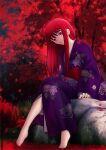 1girl autumn_leaves bangs barefoot closed_mouth collarbone commentary_request eyebrows_visible_through_hair floral_print flower grass highres japanese_clothes kimono leaf long_hair looking_at_viewer migiha night obi outdoors purple_kimono red_eyes red_flower red_hair rock sash sitting sitting_on_rock smile solo spider_lily tohno_akiha tree tsukihime wide_sleeves yukata 