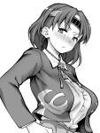  1girl aya_shachou blush breasts chiyoda_(kancolle) closed_mouth greyscale hand_on_hip headband jacket kantai_collection large_breasts long_sleeves looking_at_viewer medium_hair monochrome open_clothes open_jacket simple_background solo tassel white_background 